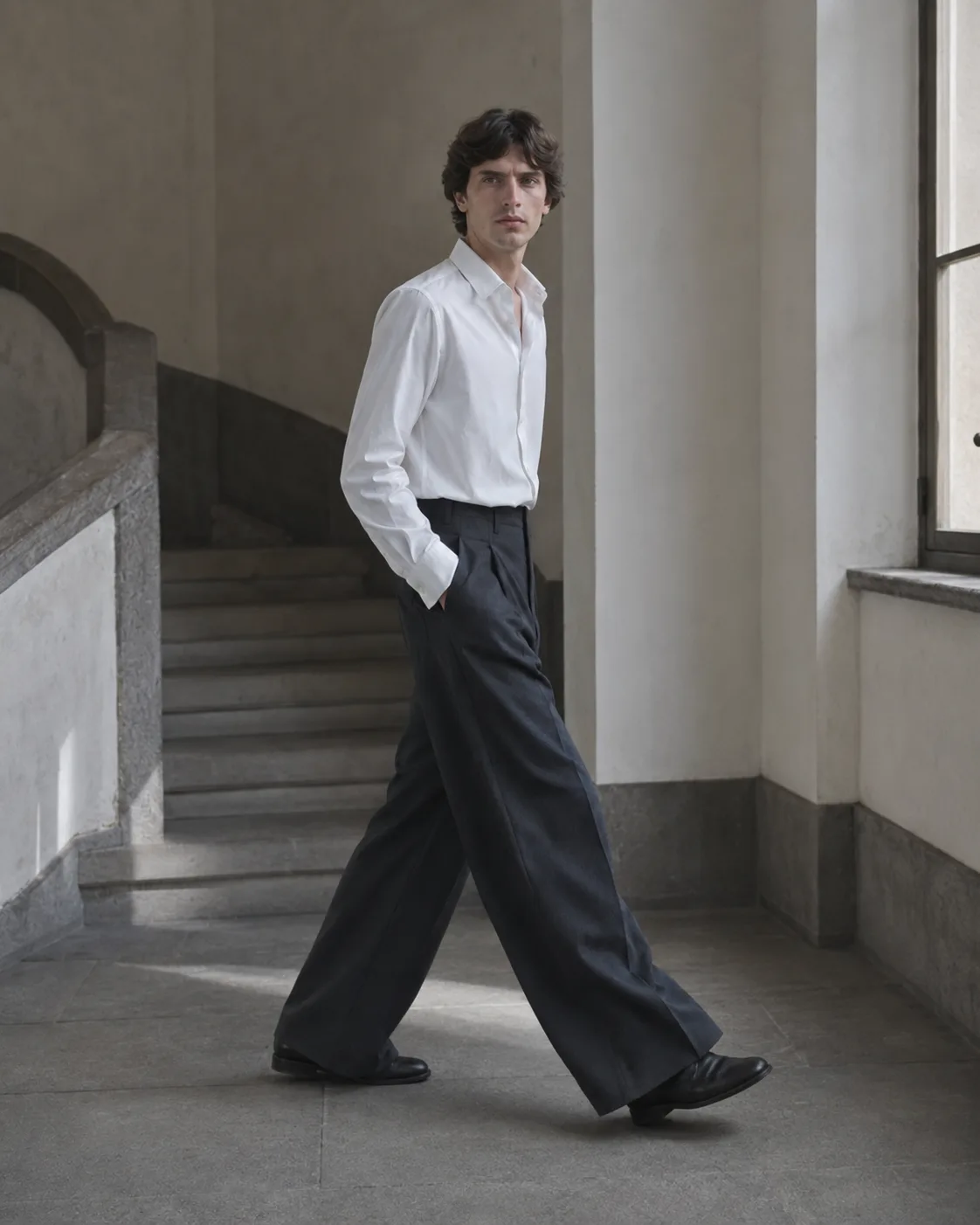 Model walking in the Arnaut Belcour trouser.