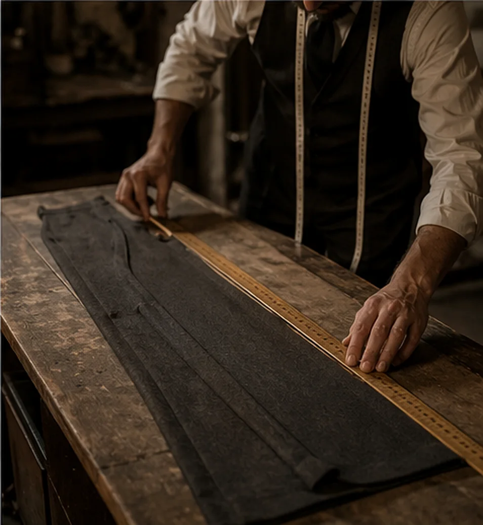 High-rise wide-leg trouser hanging in the atelier.