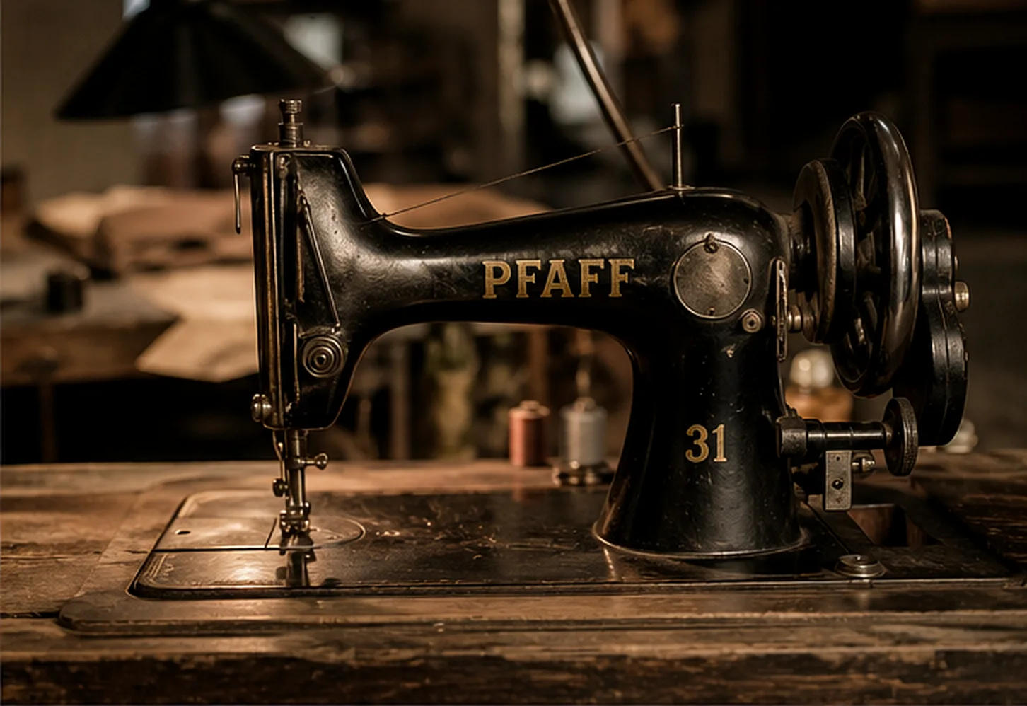 Industrial sewing machine on the atelier floor.