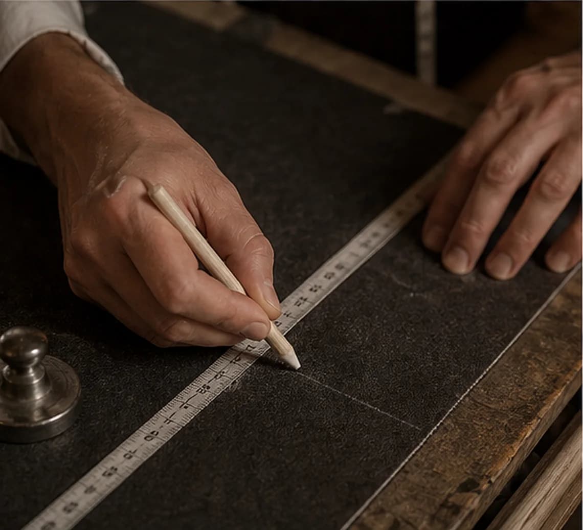 Tailor's chalk markings on dark wool, ready to be cut.