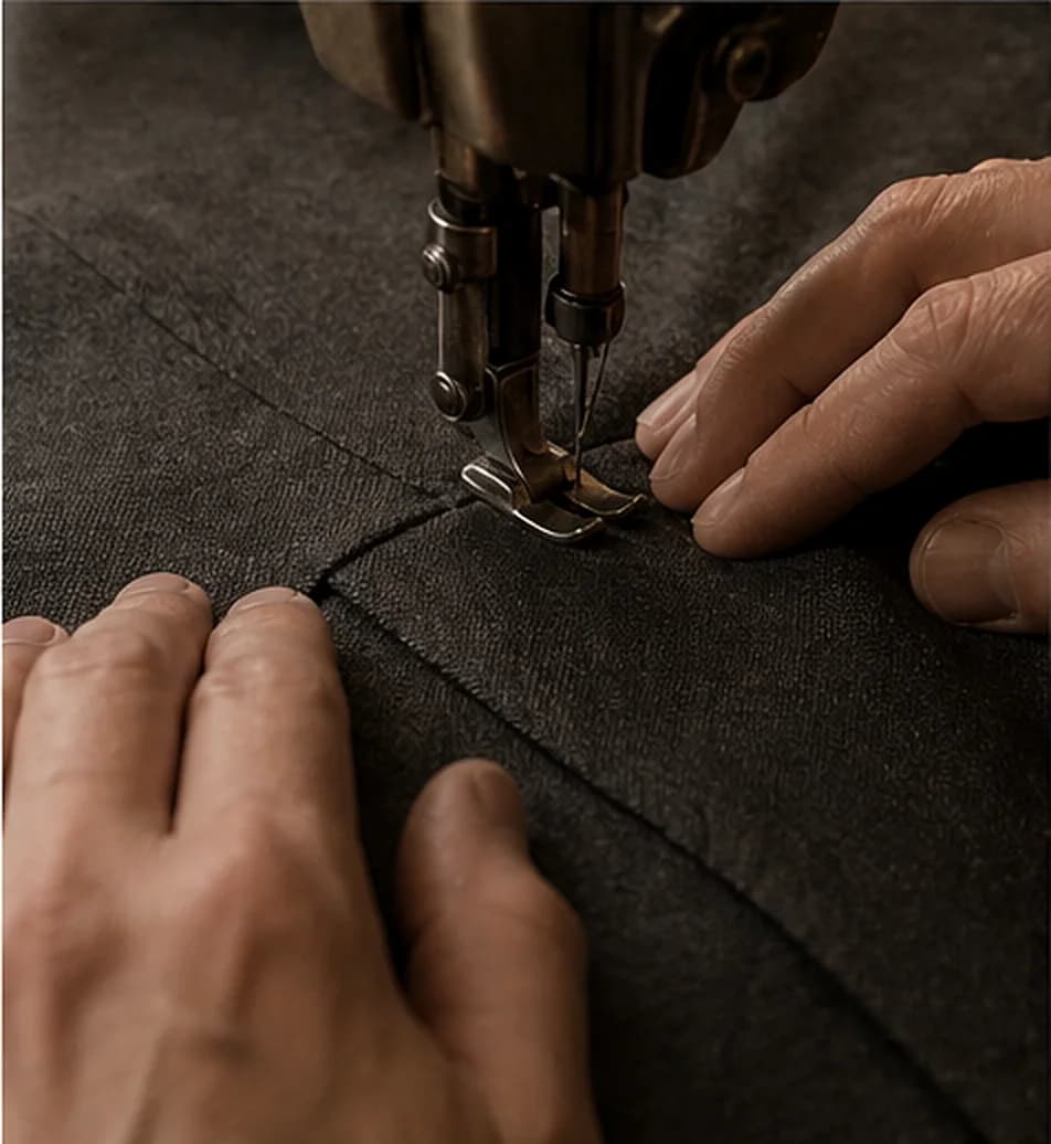 Close-up of a hand-finished trouser seam.